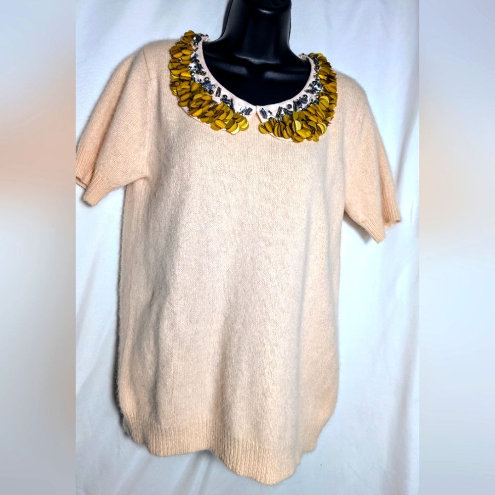 Anthropologie‎ Corey Lynn Calter Pink Angora Blend Beaded Collar Sweater | Sz S